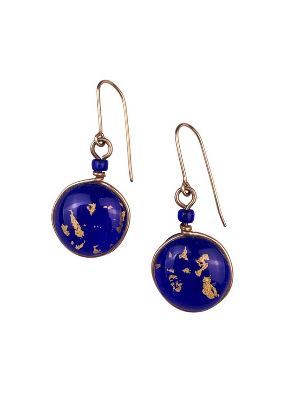 Womens Blue Glass & Gold Leaf Dangle Earrings Lightweight Artisan